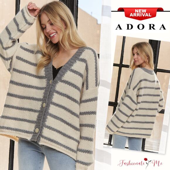 ADORA Horizontally Striped Print Long Sleeves Buttoned Sweater Cardigan | Blue - Picture 1 of 8